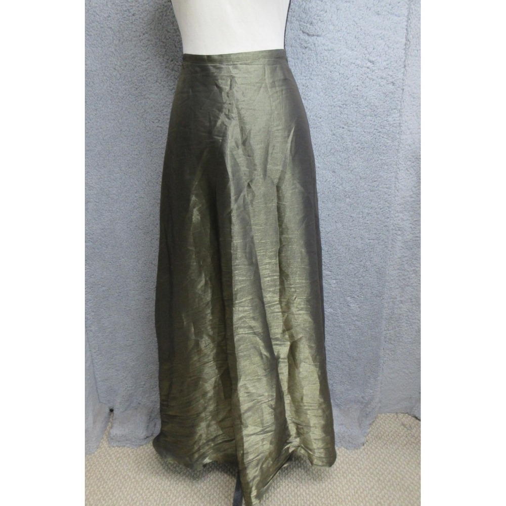 Notations Satin Maxi Skirt Womens 1X Green Metallic Elastic Waist Formal Evening